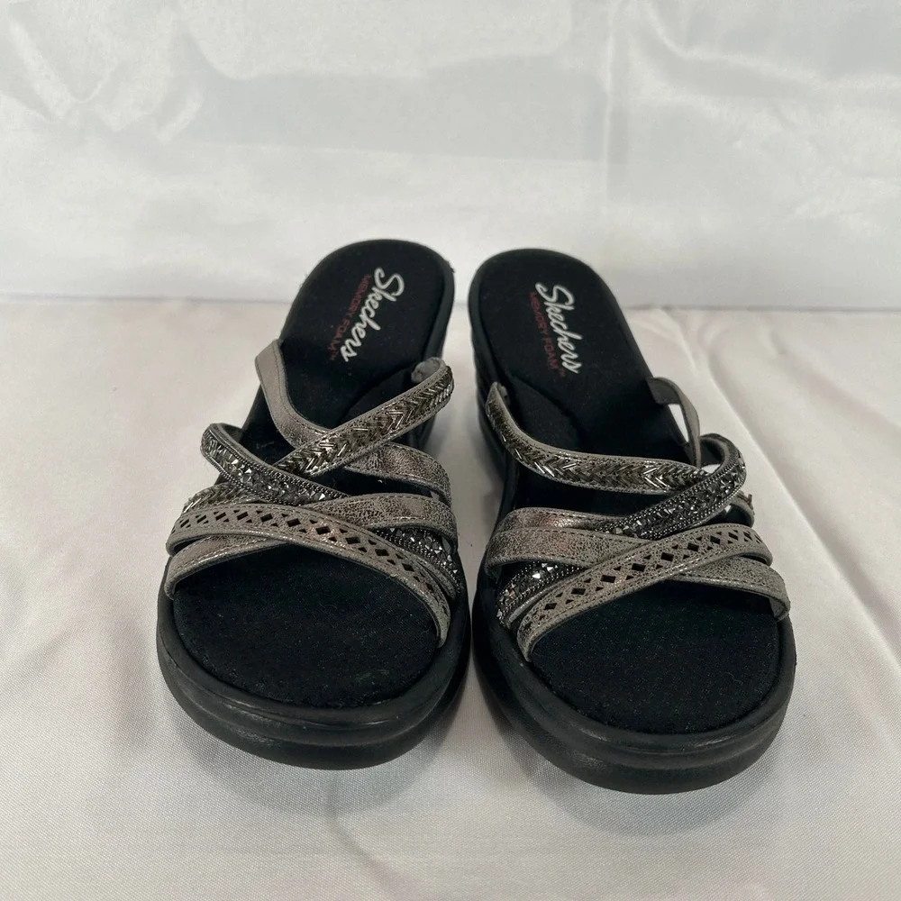 Skechers Rumblers Sci-Fi Wedge Sandals Pewter Metallic Strappy Rhinestone Size 7